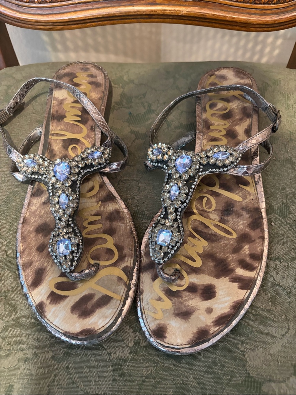 Sam Edelman Leopard-Print T-Strap Sandals w/ Smokey Blue & Crystal Accents, 11